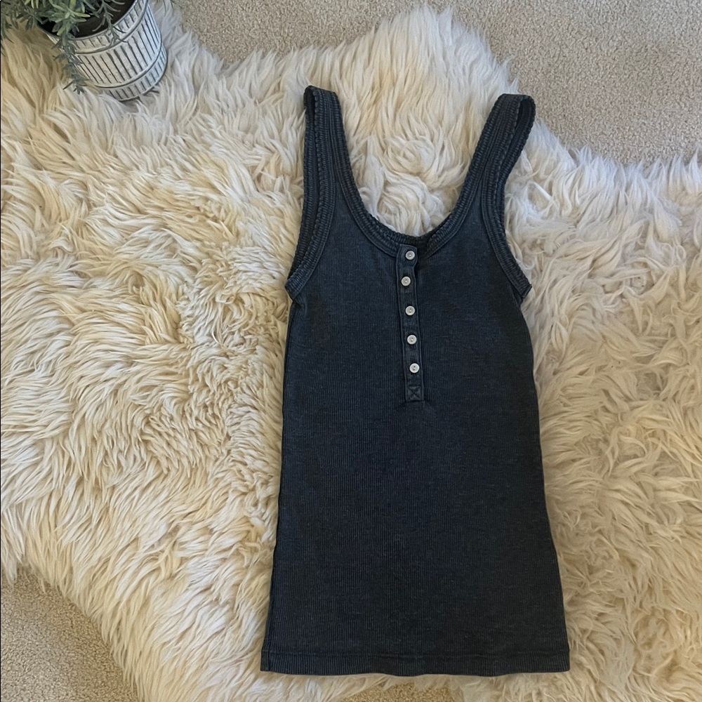 Aerie Smoke Gray Acid Wash Henley Tank Top XXS | Soft Ribbed